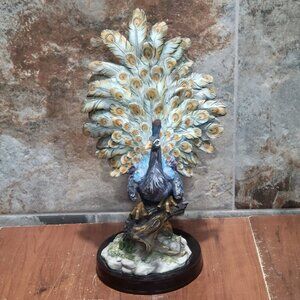 Vintage Dancing Peacock Sculpture Tail Feathers Wooden Base
